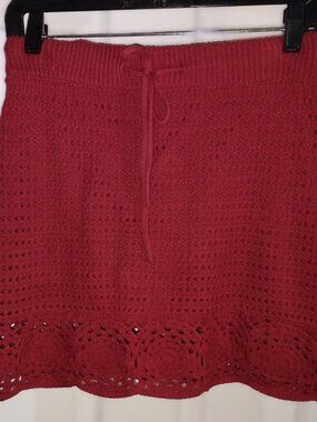 Burgundy Red Mini A-Line Open Knit Lined Skirt